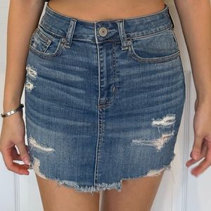 American Eagle blue denim distressed mini skirt
